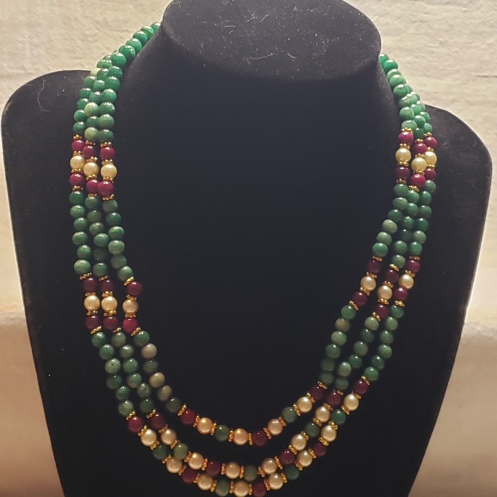 Elegant Two Tone Green, Burgundy, White, and Gold Glass Beaded Necklace Handmade